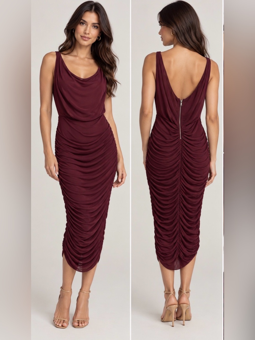Alice + Olivia Dion Ruched Cowl Neck Midi Dress Burgundy Wine Plum - Size 8